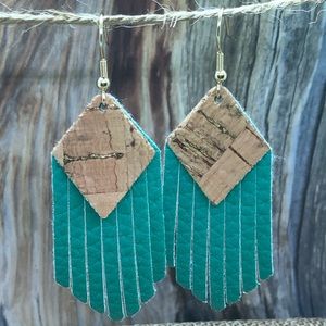 CORK TURQUOISE FRINGE Thin Faux Leather Earrings